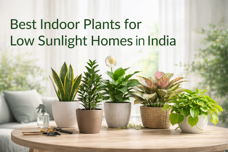 Blog banner showing low-light indoor plants like snake plant, ZZ plant, peace lily, aglaonema, and money plant on a wooden table with the text ‘Best Indoor Plants for Low Sunlight Homes in India’.